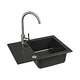 VBChome Spüle mit Armatur 58x43 Schwarz Granitspüle Ablauf Unterschranke ab 50 cm Siphon Küchenspüle Einzelbecken Einbauspüle gesprenkelt Wasserhahn Inox