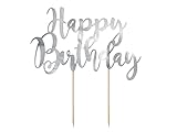 Party Deco Tortenstecker für Geburstagstorte - Happy Birthday - Silber, 22,5 cm - Tortendekoration, Kuchendeko, Cake-Topper, Cupcake Topper für Geburtstag, Babyparty, Jub