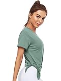 COOTRY Sport T-Shirt für Damen Funktionsshirt Kurzarm Sportshirt Loose Fit Knoten Oberteile Atmungsaktiv Split Yoga Training Laufshirt Tunik