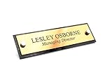 Origin Personalisierbares Schreibtisch-Schild, Namensschild – Schwarz und Metallic (Silber/Gold oder Kupfer) mit Edelstahl-Ständern (Gold)