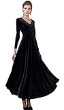 Urban GoCo, klassisches langes elastisches Damenkleid, Samt, V-Ausschnitt, lange Ärmel Gr. 52, schw