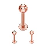 Treuheld® | Rosegoldenes Labret Piercing mit Kristall aus Stahl - [32.] 1.2 x 7 mm (Kugel: 4mm) - p