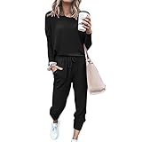 LASPIA Damen Zweiteilige Freizeitanzug Hausanzug Sportanzug Rundhals Lange Ärmel Elastischer Taille Beiläufiges Einfarbig Leisure Hose mit Taschen Sportswear Lose,Schwarz,M