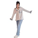 Damen Bademantel Flauschig Morgenmantel,Gestreifter Flanell Flanell Revers Cardigan Warm Homewear, Pyjama Set-Weiß_L