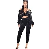 Damen Velevet Trainingsanzüge Set 2-teilig Loungewear Sport Anzug Outfit Langarm Reißverschluss Top Sweatshirt und Jogger Hose schw