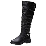 Hohe Stiefel Damen Vintage Bikerstiefel Flache Winterstiefel mit Reissverschluss und Schnalle, Frauen Winterboots Langschaftstiefel Elegante Schuhe Winter Damenschuhe Celucke (Schwarz, 39)