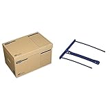 ELBA Archiv-Box, Aufbewahrungsbox tric system mit Klappdeckel, naturbraun, 10er Pack & Bankers Box Abheftbügel ProClip, Archivclip mit 100 mm Armlänge und Deckleiste, blau, P50 Stück