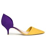 FOWT D'Orsay Slip-On-Pumps mit spitzem Zehenbereich, niedriger Kitten-Heel, geschlossener Zehenbereich, zweifarbig, Wildleder, Sandalen, bequem, bezaubernd, Büro, Gelb (Gelb / Violett), 37.5 EU