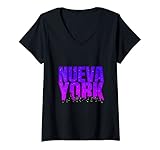 Damen New York Skyline bei Nacht Nueva York T-Shirt mit V