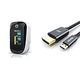 Medicinalis - Pulsoximeter Finger - SpO2 Pulsmesser – Fingerpulsoximeter - One Touch Bedienung weiß & 8k micro HDMI auf HDMI 2.1 Kabel 1m - 3D – UHD II- 7680 x 4320@120Hz mit DSC - HDR - ARC