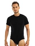 iEFiEL Herren Overall Kurzarm Bodysuit mit Druckknöpfe im Schritt Baumwolle Männer Sportbody Rundhals Tops T-Shirt M-2XL Schwarz XL