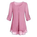 DOMBX Damen Bluse Elegant Basic Chiffon Langarm Tunika Leicht Rundhals Festliche Blusen mit Knöpfen Langarmshirts Oberteil Frauen Casual Große Größe Einfarbig Lose Pulli T-Shirt Tunika Top