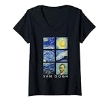 Damen Van Gogh Malcollage Sternennacht mit Selbstporträt T-Shirt mit V