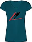 Snowboard, Ski und mehr - Skispringer Skispringen - 3XL - Türkis - Sport - XO1525 - Damen T-Shirt mit V
