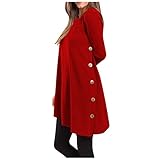 GOKOMO Damen Lockeres Kleider Elegant Langarm Rundhals Seitentasten Unregelmäßiger Saum Kleid Umstandskleid Schwangerschaftskleid Frühling Herbst Kleider Für Damen Kleid Langarm(L,1-Rot)