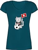 Fussball WM 2022 Fanartikel - Fußball Katze Schweiz - 3XL - Türkis - Nationalmannschaft - XO1525 - Damen T-Shirt mit V