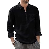 DRESCOKLJ Sommer Hemden für Herren Leinenhemd Langarm Slim Fit Sommer Lässig Hemd Langsleeve Freizeithemden Männer Revers Knöpfen Shirt Sommerhemd Sommer Ob