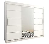 Kryspol Schwebetürenschrank Verona 2-250cm mit Spiegel Kleiderschrank mit Kleiderstange und Einlegeboden Schlafzimmer- Wohnzimmerschrank Schiebetüren Modern Design (Weiß)