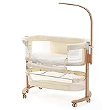 YOLEO Beistellbett Baby mit Rollen Kinderbett mit Matratze bis 20kg Bett für Baby bis 18 Monate Massivholzbett Babywiege Buche (Beige)