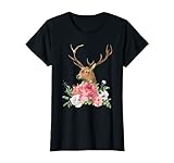 Hirsch mit Rosen Blumen Wiesn Outfit Dirndl Frauen T-S