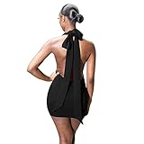 Vialogry Ärmelloser, verstellbarer Damen-Sommerrock, rückenfreier Strapsrock, Netzstoff, zum Aufhängen, kurzes Slip-Kleid, Schwarz , 38