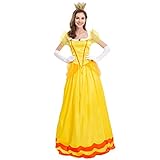 IBAKOM Damen Prinzessin Kostüm Deluxe Klassische Rosa Kleider Karneval Weihnachten Halloween Pfirsich Cosplay Party Outfit Verkleidung mit Kronenhandschuhen Gelb XL