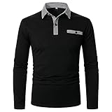 JINKO Herren Langarm Polos Casual Tops Denim Splice Golf T-Shirt Poloshirts Poloshirts Kontrastfarben Design Golf T-Shirt Freizeithemden Knöpfe Umlegekragen Poloshirts Vintage Top, Schwarz , S