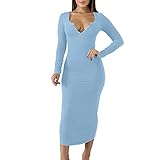 Winter Langarm Basic Kleid Damen Lang Bodycon Kleid Tief V-Ausschnitt Sexy Etuikleid Stretch Schlank Partykleid Einfarbig Slim Wickelkleid Cocktailkleid Party Bar Club Sexy Kleid Maxik