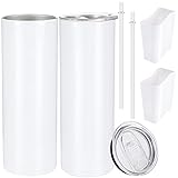 Sublimation blanko Skinny Straight Tumbler weiß 568 ml mit Strohhalm und Deckel, doppelwandig isoliert Edelstahl Becher Sublimationsschrumpffolie Hülsen | Vinyl DIY Geschenk (weiß, – 2 Stück)