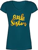 Schwester und Tante Geschenk - Little Sister - M - Türkis - T-Shirt - XO1525 - Damen T-Shirt mit V