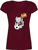 Fussball WM 2022 Fanartikel - Fußball Katze Spanien - XL - Bordeauxrot - Geschenk - XO1525 - Damen T-Shirt mit V