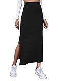 DIDK Damen Rock Elegant Maxirock Rockabilly Vintage Retro Röcke mit Schlitz Casual Freizeitrock Lang Hohe Taille Skirt Partyrock Schwarz M