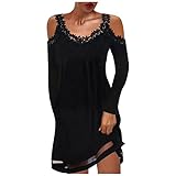 KIMODO Cocktailkleider Minikleid Einfarbig Kleider Damen Elegant Casual Mode Partykleider Slim Patchwork Mesh Spitzenkleid Langarm Wickelkleid Freizeitkleider Abendkleider (F-Schwarz, XXL)