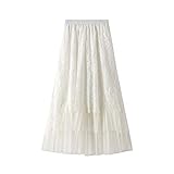 Qtinghua Damen Floral Spitzenrock Hohe Taille Lagenrock Mesh Kleid Prinzessin Langer Rock Gr. Einheitsgröße, Weiße N