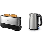 Philips Langschlitztoaster (Edelstahl) 8 Bräunungsstufen, 950 Watt, schwarz HD2692/90 & Daily Collection HD9351/90 Elektrischer Wasserkocher, 1,7 l, 2200 W, Edelstahl, Polypropylen (PP)