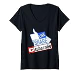 Damen Social Media Like Share Abonnement T-Shirt mit V