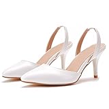 Damen Spitze Sandalen Elfenbein Stiletto Pumps Brautschuhe Closed Toe Hochzeitsschuhe Wedding Shoes Elegante Knöchelriemen Braut Hochzeit Schuhe High Heels,Weiß,42 EU