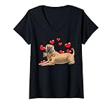 Damen Shar Pei Hund mit Plüschtier und vielen Herzen T-Shirt mit V