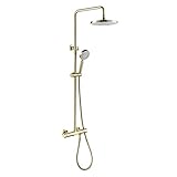 Shower Set Duschsystem Thermostat Regendusche Wandhalterung Gebürstetes Gold Brausegarnitur Duschset mit 10 Zoll Duschkopf, ABS Handbrause, Wasserfall Badew