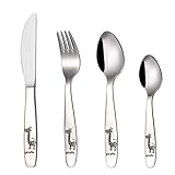 Kinderbesteck mit Gravur 4-teilig, Kinderbesteck Edelstahl, Personalisiertes Taufgeschenk für Kinder, Kindergeschirr Set mit REH-Muster für Mädchen Jungen ab 4 Jahren, Spülmaschinengeeignet…