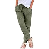 OEAK Damen 7/8 Länge High Waist Sommerhose Leicht Baumwolle Leinenhose mit Gummizug Freizeithose Strandhose Beiläufig Weich Haremshose Yogahose Hose,Armee Grün A,M