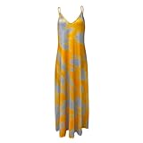 Jumpsuit Damen Elegant Sommer fließende Kleider für Frauen, lässiges Tie-Dye-Unterhemd, A-Linie, lockere Passform, Strand, ärmelloses, langes Maxikleid Gelb A S EU 34