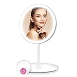 HOCOSY Kosmetikspiegel mit Beleuchtung, LED Schminkspiegel mit licht mit 5X Vergrößerung, Tischspiegel, Dreifarbiges Licht, 90 °Schwenkbar, USB Aufladbares, Make up Spiegel für Zuhause und Unterweg