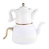 Karaca Retro Emaye Emailleserie-Wasserkocher mit Porzellan-Teekanne/Einsetzer (weiß), Teapot, Teekannen set, Teekocher, Tee, Kanne, Türkischer Tee.Traditional T