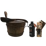 SudoreWell® Saunakübel Set mit Kübel 4,0 l aus Kiefernholz geteert mit Kunststoffeinsatz und Kelle + Sauna- Teer- Elf und Rento Saunaduft T