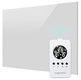 Heidenfeld Infrarot Glasheizung HF-HP120 Weiß + Heidenfeld Thermostat-Fernbedienung - 10 Jahre Garantie - Deutsche Qualitätsmarke - TÜV GS - 300 Watt - 3 - 8 m² (300 Watt Weiß)