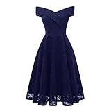 Kleid für Frauen Schulterfreies Kleid Hohe Taille Einfarbig Vintage 3/4 Ärmel Spitze Splice A-Linie Swing Mittellanges Abendkleid Cocktailpartyk