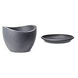 Scheurich Wave Globe, Pflanzgefäß aus Kunststoff, Schwarz-Granit, 50 cm Durchmesser, 37,1 cm hoch, 37 l Vol. & Untersetzer aus Kunststoff, Metallic Grey, 44 cm Durchmesser, 6,5