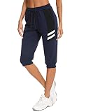 Sykooria Caprihose Damen Jogginghose 3/4 Baumwolle Freizeithose mit Bündchen Taschen Kontraststreifen Navy Blau XL