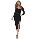 XMSIA Minikleid Damenabendkleid Unregelmäßiger seitlicher Slit V-Ausschnitt Metallschnalle Gürteltasche Hüftrock Mode MS (Color : Black, Size : Small)